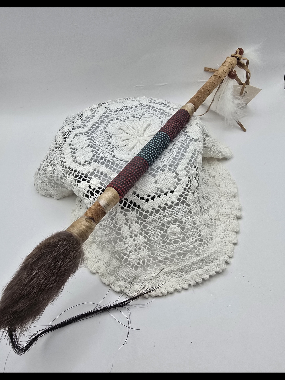 Native American  Leather Talking Stick with Fur Horse Hair- Brand New